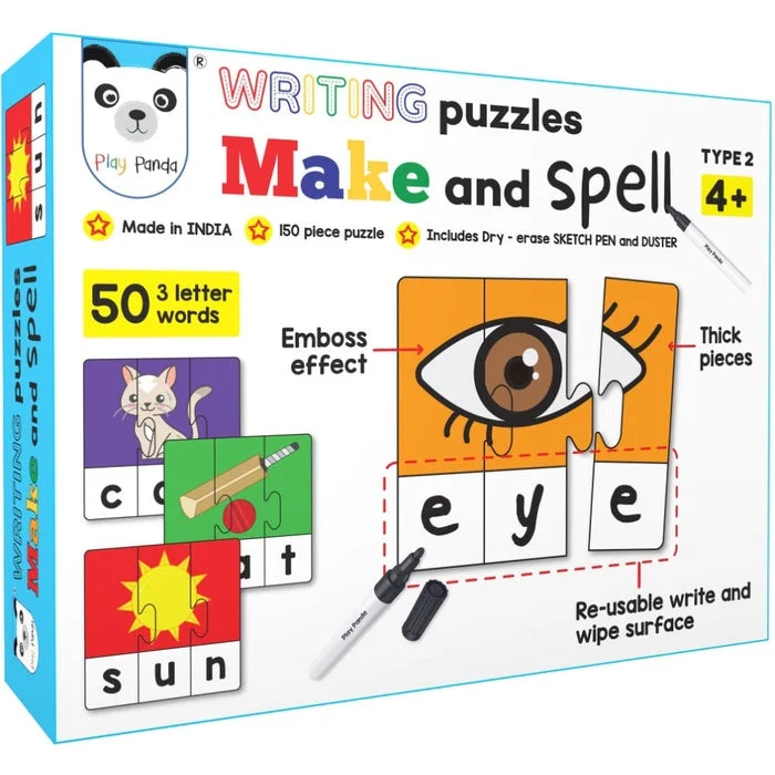 Make and Spell Type 1 - 150 Piece Spelling Puzzle - Learn to Spell 50 Three Letter Words - Educational Puzzles with Unique Write and Wipe Feature - Beautiful Colourful Pictures (Age 4+) Blue