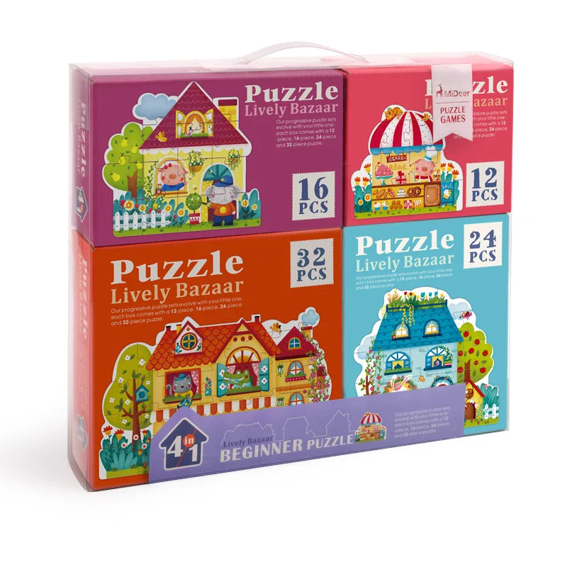 Set of 4 Progressive Puzzles: Lively Bazaar Homes and Shops