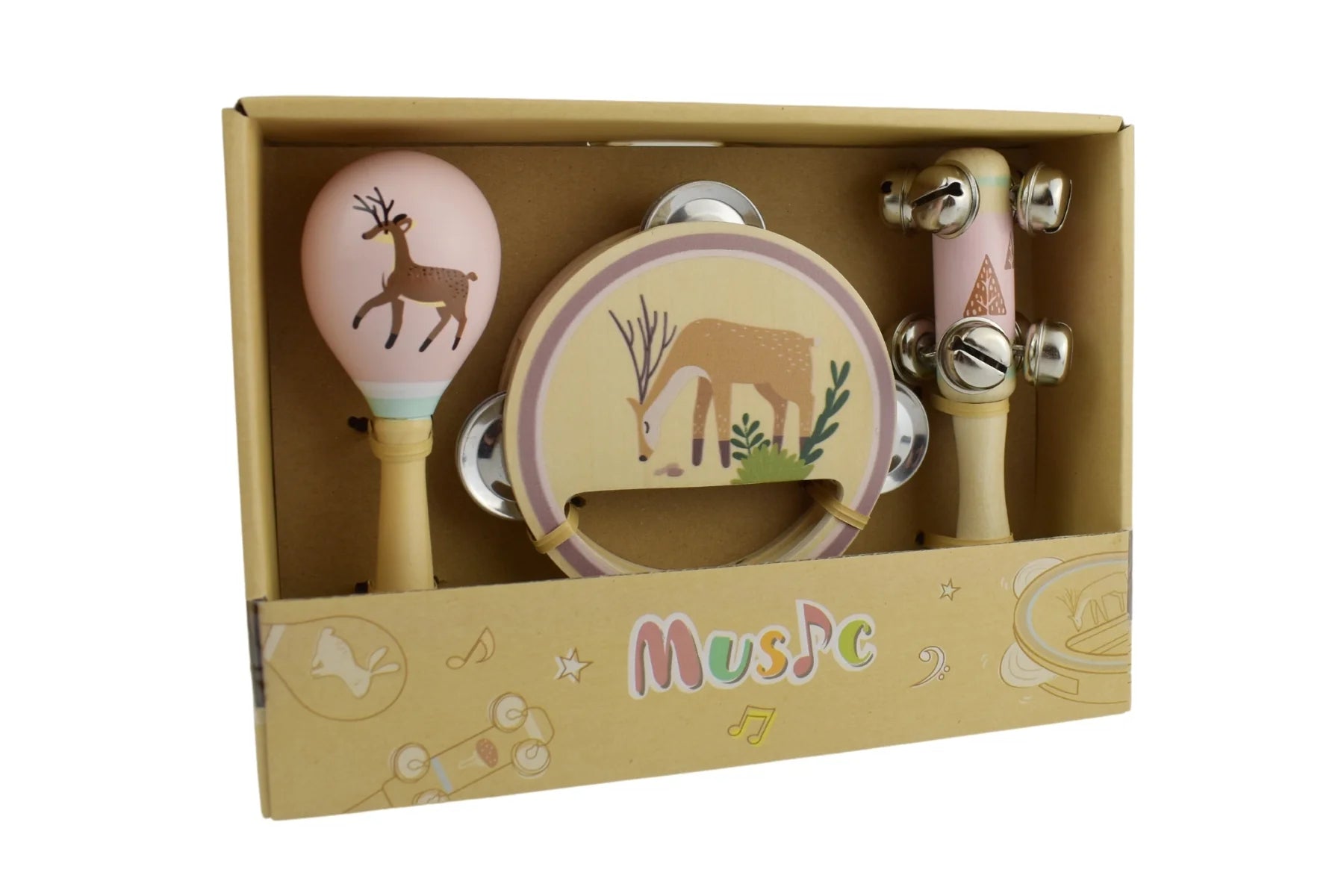 WOODEN 3PC MUSICAL SET DEER