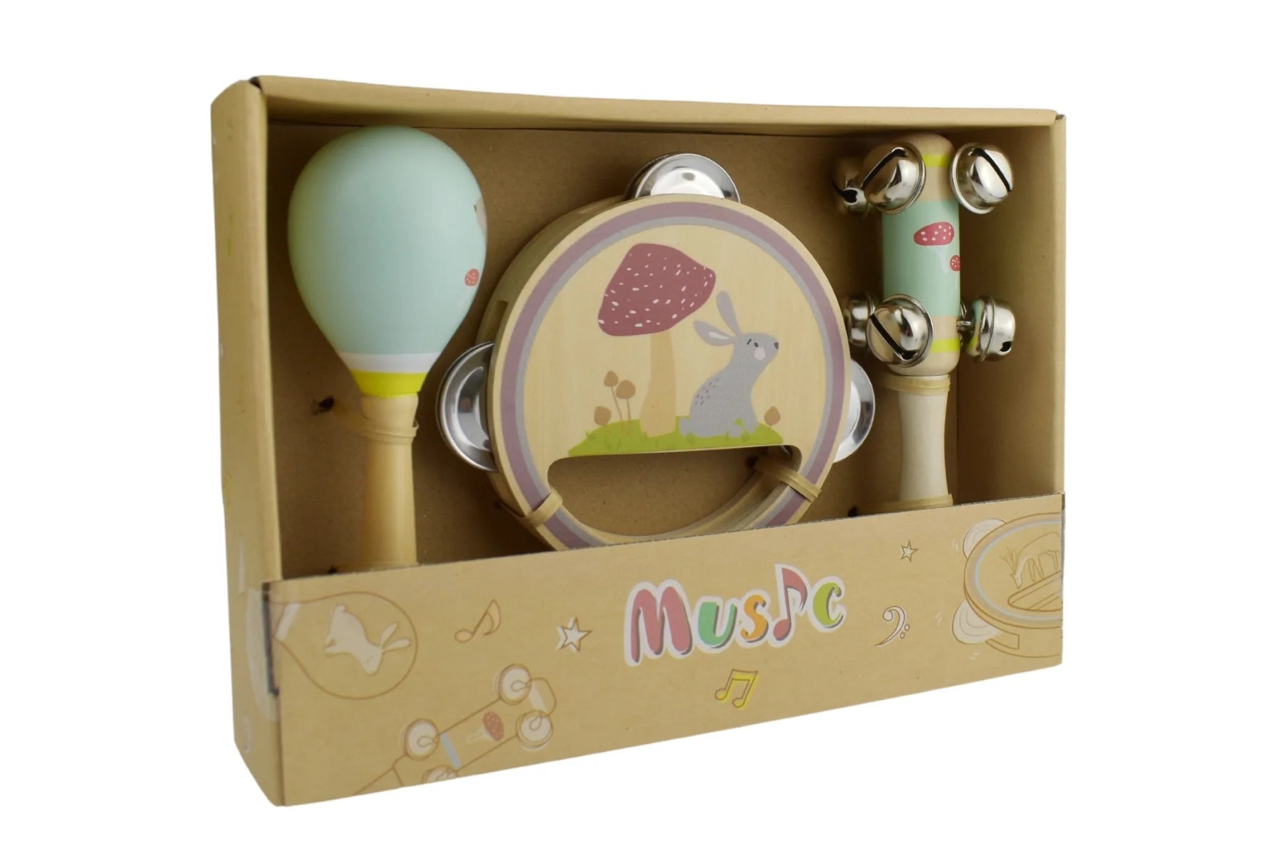 WOODEN 3PC MUSICAL SET RABBIT