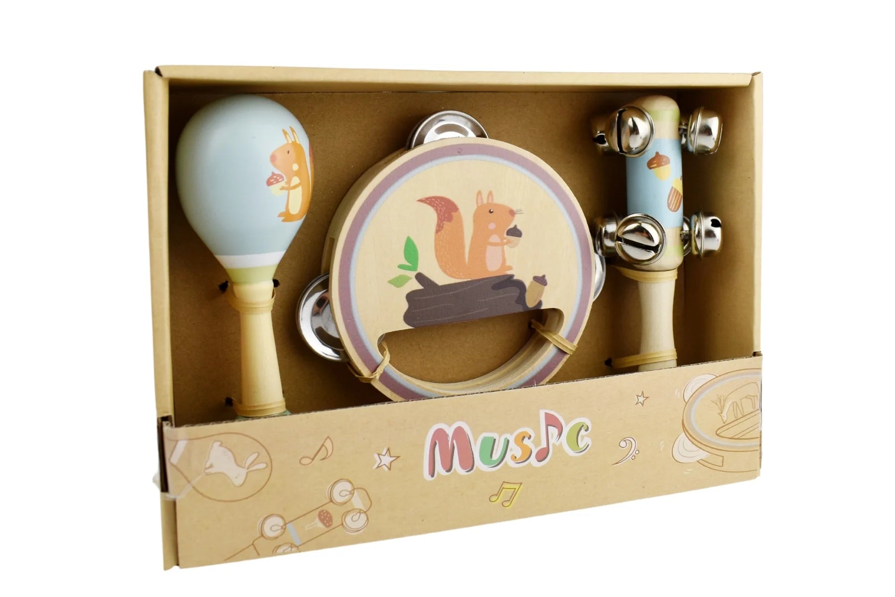 WOODEN 3PC MUSICAL SET SQUIRREL