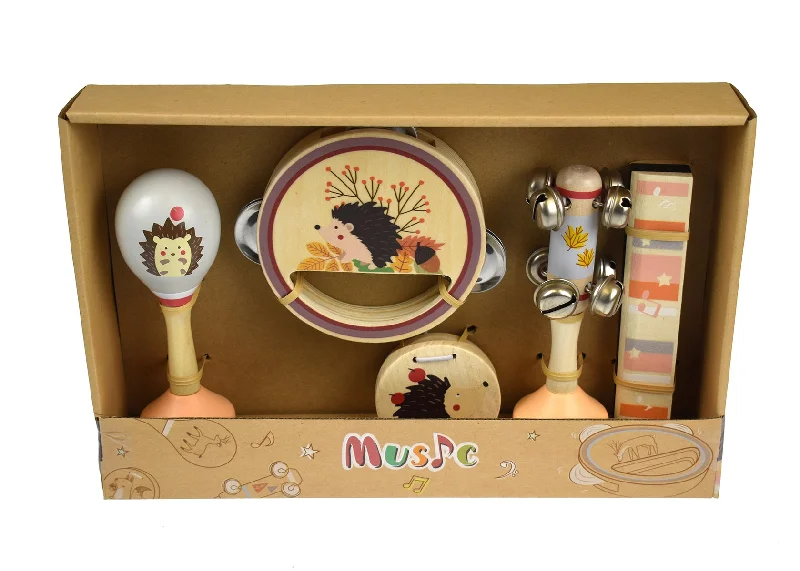 WOODEN 5PC MUSICAL SET HEDGEHOG