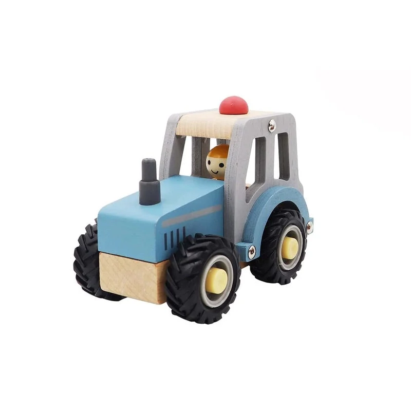 WOODEN TRACTOR W RUBBER WHEELS BLUE