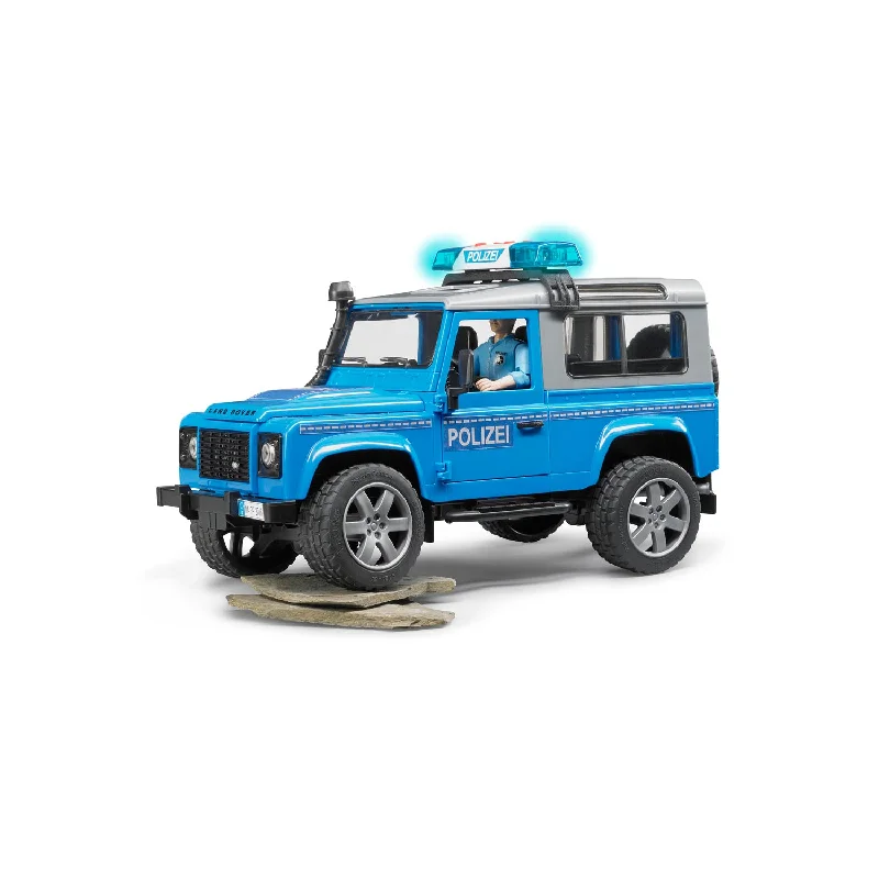 Bruder Land Rover Police vehicle blue/silver with Light Skin Policeman