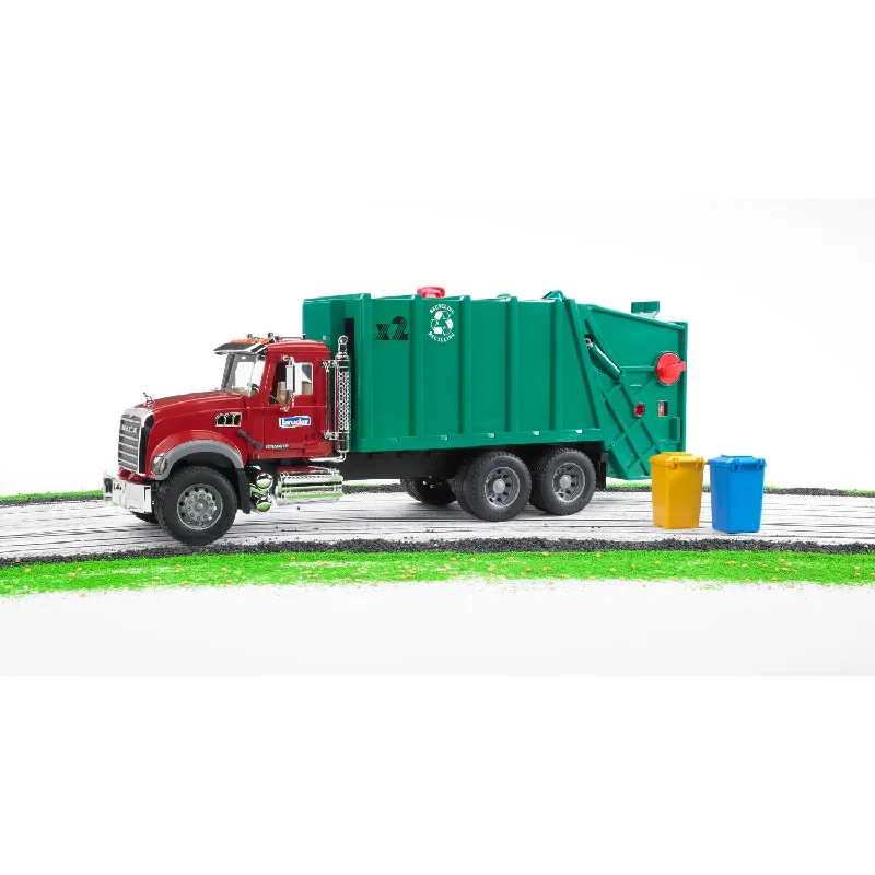 Bruder MACK Granite Garbage Truck, Ruby Red Cab, Green Garbage Box, 02812