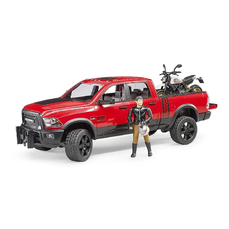 Bruder RAM 2500 Power Wagon with Scrambler Ducati Desert Sled Motorcycle and Driver